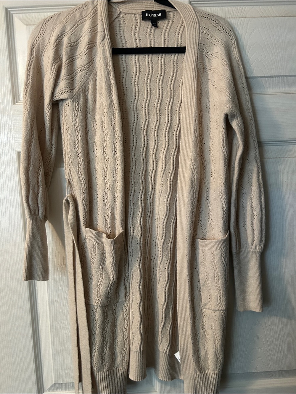 Express Women's Cream Open-Front Cable Cardigan with Belt